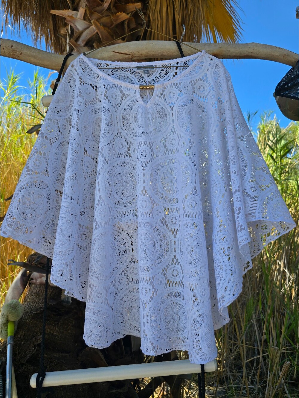 JM Collection 2X White Crochet Lace Poncho Tunic Swimsuit Cover-up Boho Top Wome